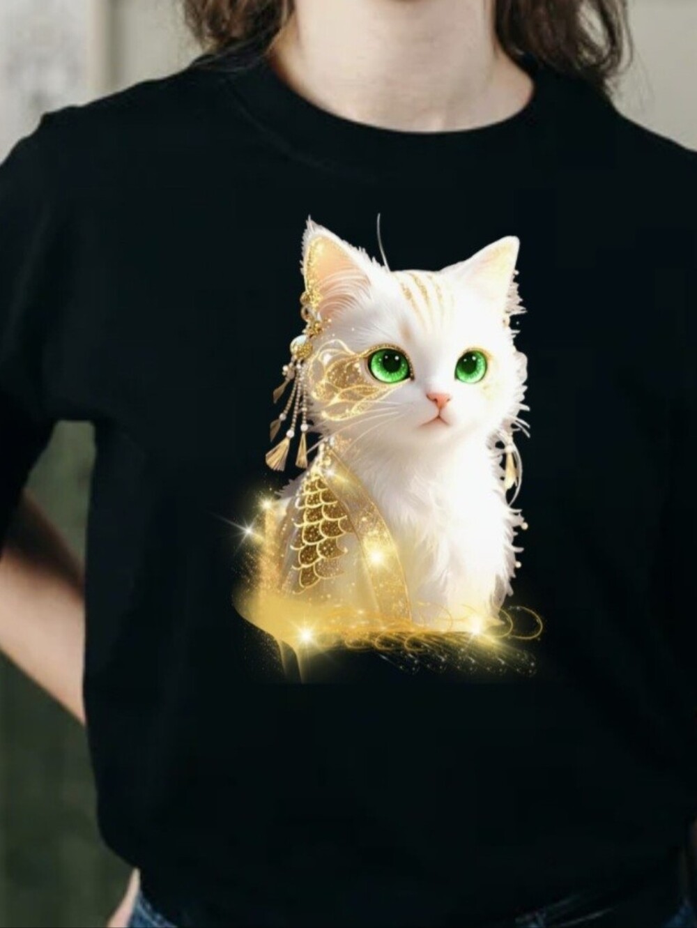 Luxury Custom Persian White Kitty Green Eyes Rhinestone Tee - L